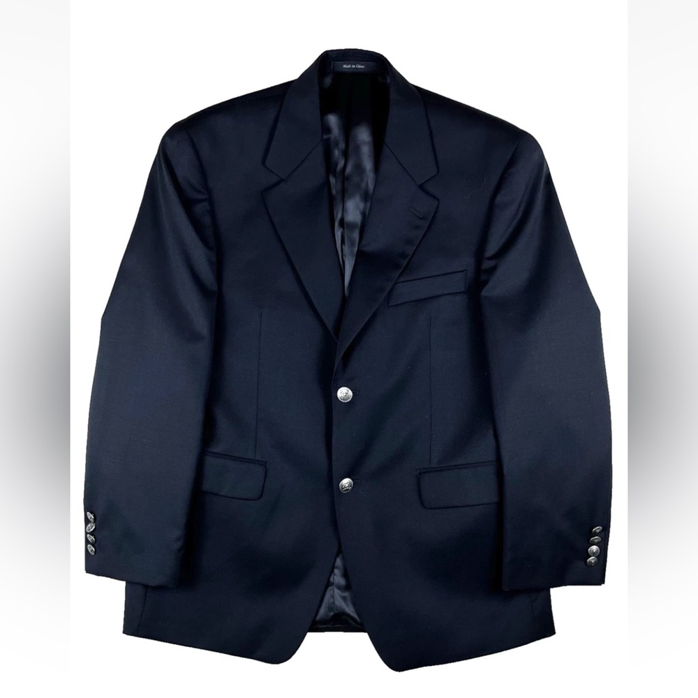 Ralph Lauren 40R Black Ventless Wool Blazer Jacket Metal Ornate Deco Buttons